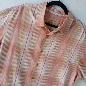 Tommy Bahama Shirt Hawaiian 100% Silk Coral Button Short Sleeve Plaid Men L #845
